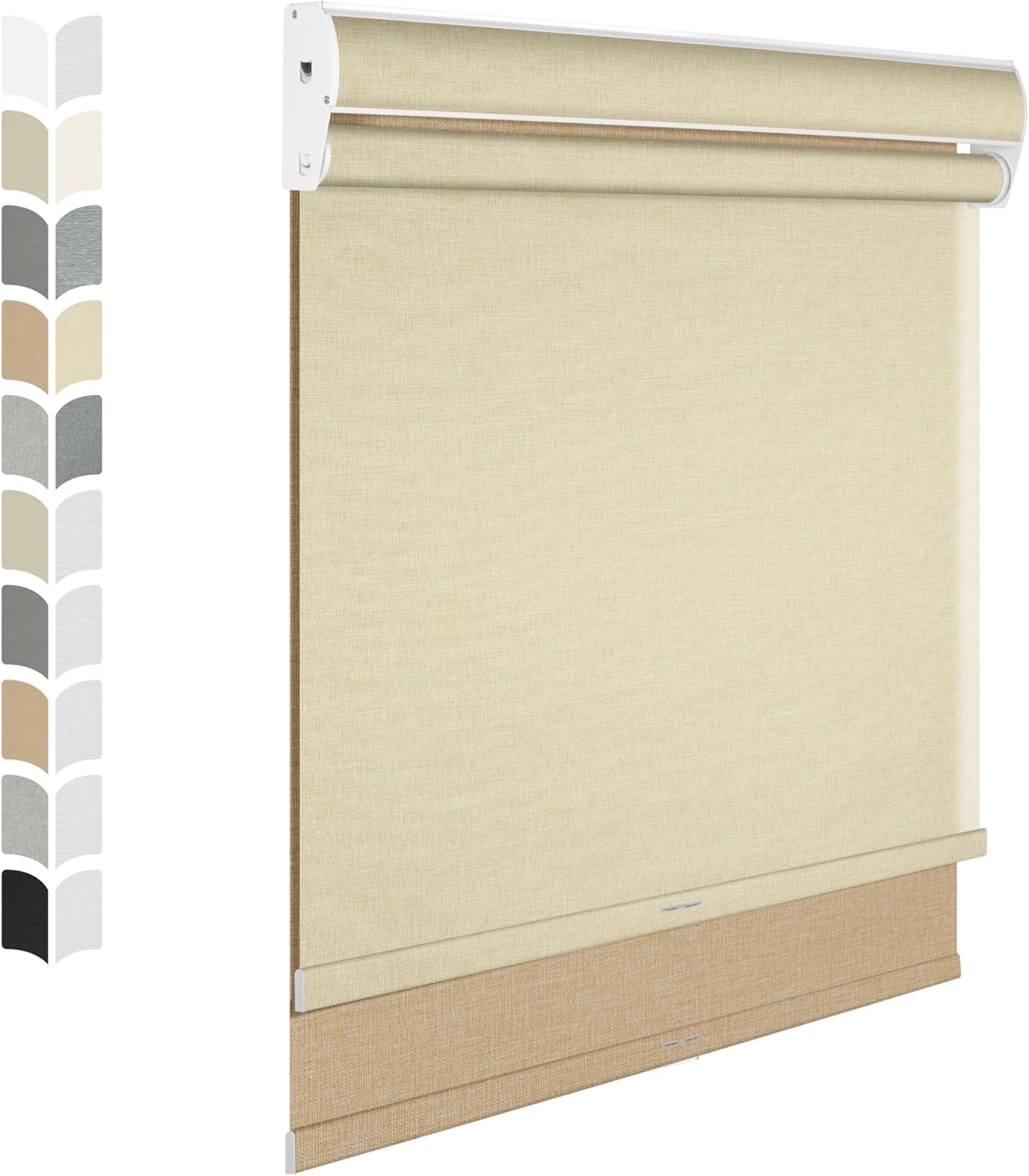 BERISSA Cordless Dual Roller Shades with Cassette Valance, Double Window Shades - Blackout and Light Filtering - Day and Night for Home Office Door, Linen Beige. 70 W x 44" H