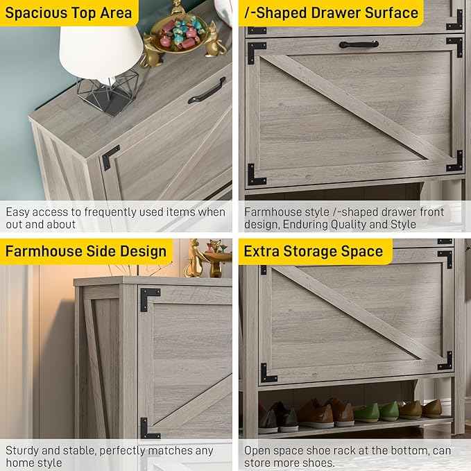 Vabches Shoe Storage Cabinet, 5-Tier Farmhouse Freestanding Organizer with 2 Flip Drawers, Wooden Shoes Rack Cabinets Storage Organizer with Doors for Entryway, Hallway, Closet, Rustic Grey
