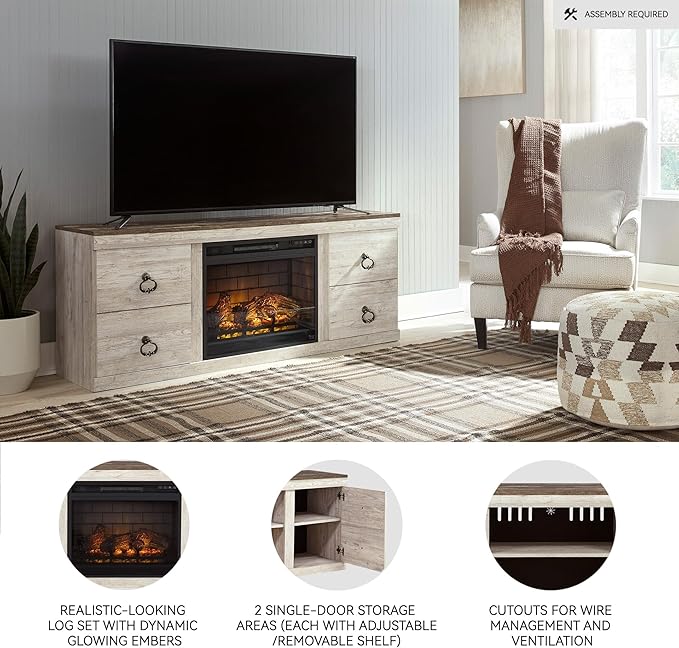 Signature Design by Ashley Willowton Cottage 60" TV Stand with Electric Fireplace for TVs up to 69", Whitewash