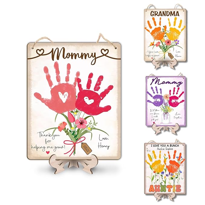 DIY Baby's First Mothers Day Handprint Flowers Hanging Sign, Pink Floral Bouquet for Mom Mommy with Kids Handprint Art Craft Keepsake Mothers Day Birthday Gifts for Mothers, Thanks for Helping Me Grow