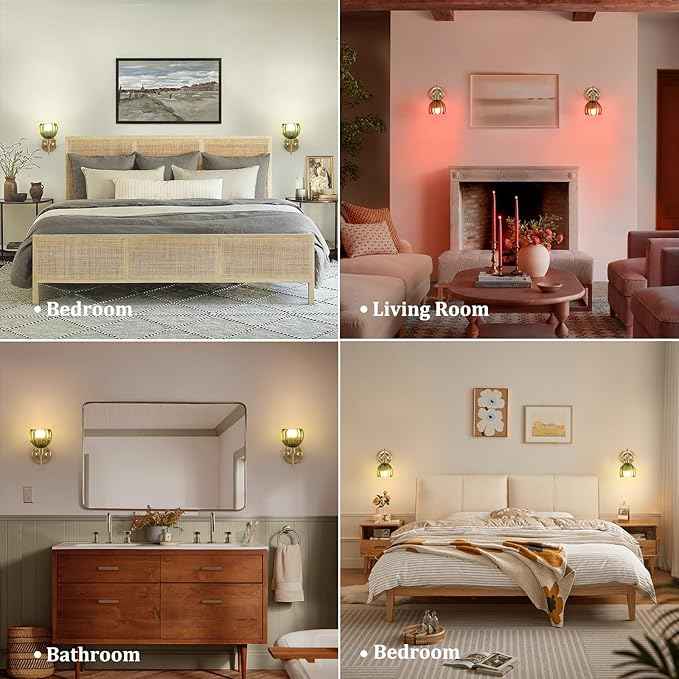 Vintage Battery Operated Wall Sconce, 5000mAh Rechargeable Wall Light, Indoor Battery Powered Wall Lamp for Bedside Bedroom Living Room, Tulip Green