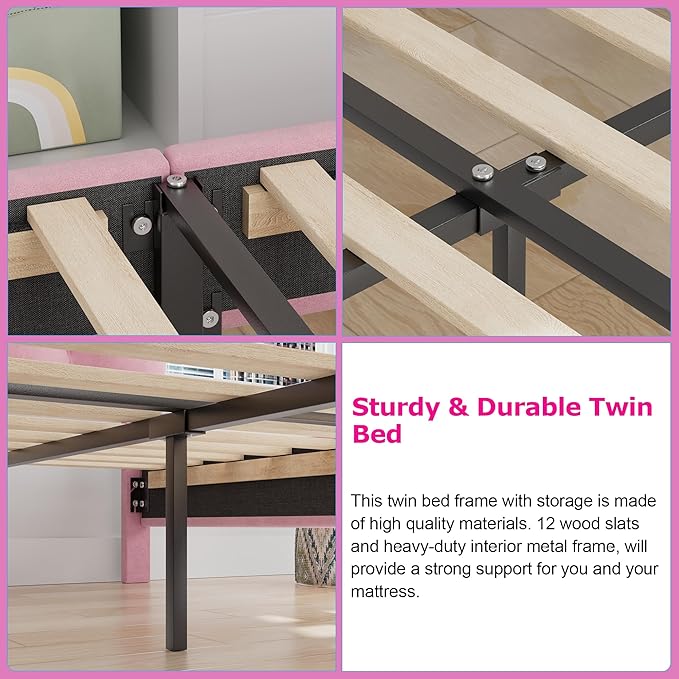 VECELO Twin Size Bed Frame with Storage Drawer, Heavy-Duty Bedframe with Tufted Headboard & Wooden Slats & Steel Framework, No Box Spring Needed, Pink