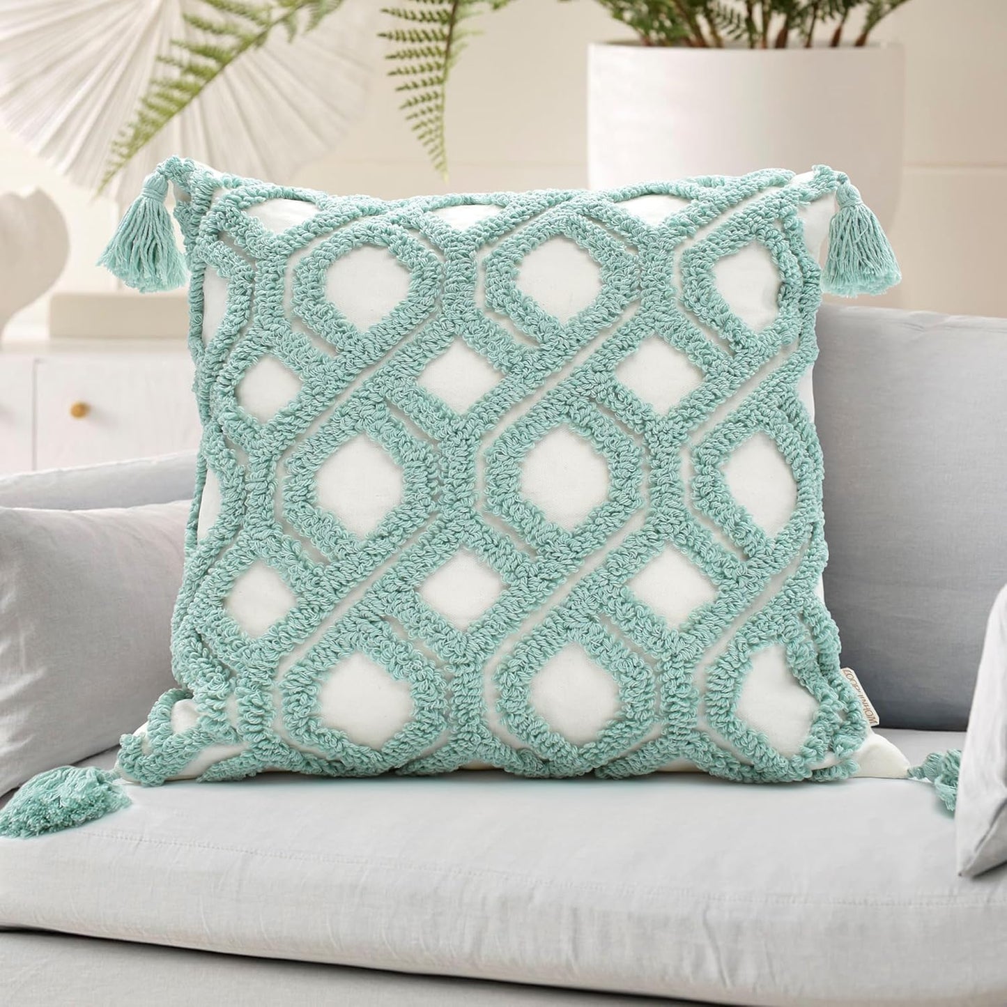 Boho Pillow Covers 18X18 Inch Boho Tufted Throw Pillow Covers Decorative Tassels Cushion Cover Farmhouse Pillow Case for Couch Sofa Bed Living Room Bedroom, Aqua Green