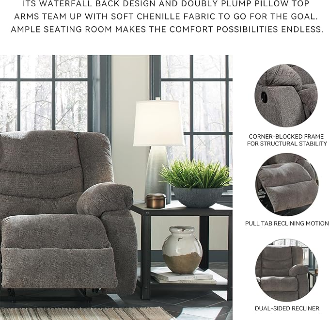 Signature Design by Ashley Tulen Reclining Loveseat, Dual-sided Recliner, Pull Tab Reclining Motion, Fabric Upholstery, 63" W x 40" D x 40" H, Dark Gray