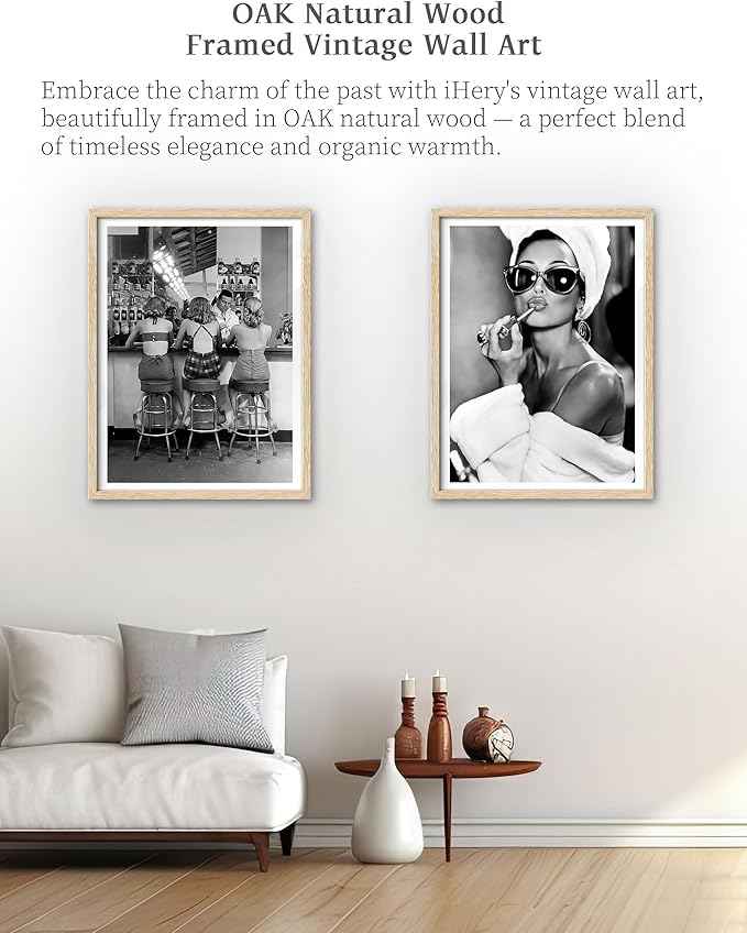 iHery Natural OAK Wood Audrey Hepburn Trendy Framed Wall Art, 12x16 in Vintage Canvas Bedroom Wall Decor, Beige Logs Retro Bathroom Art, Better Late Than Ugly, Set of 1 Apartment Girly Dorm Room