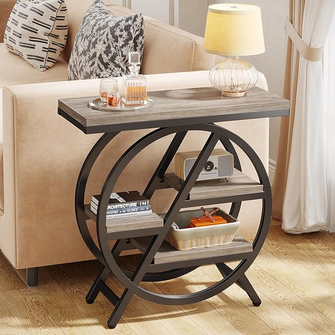 LITTLE TREE End Table, Narrow Side Table with 4-Tier Large Storage Space, Modern Bedside Table for Living Room, Home Office, Bedroom, Set of 2, Grey