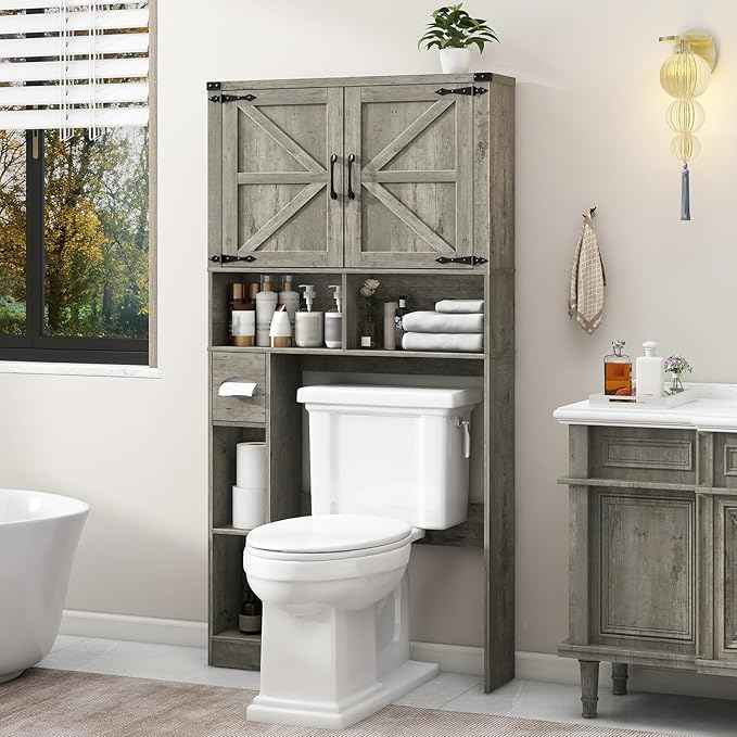 Vabches Over The Toilet Storage Cabinet, Farmhouse Storage Cabinet Over Toilet with 2 Barn Doors & Toilet Paper Holder Stand，Home Space-Saving Toilet Rack, for Laundry, Bathroom, Restroom.Grey Oak