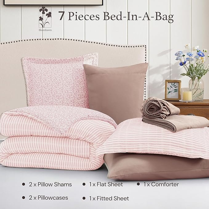 King Comforter Set - 7 Pieces Pink Gauze Muslin Bedding Sets for All Seasons, Lightweight Breathable Bed in a Bag King with Revesible Farmhouse Comforter, Sheets, Pillowcases & Shams