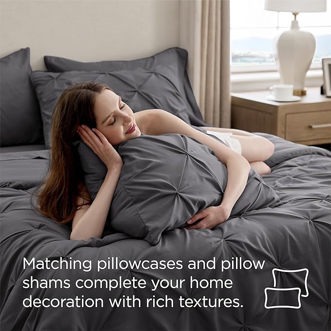 Bedsure California King Comforter Set - Bed in a Bag Cal King Bedding Set 7 PCS, GentleSoft™ Pintuck Bed Set Gift for Family, Pinch Pleat Dark Grey Comforter with Sheets, Pillowcases & Shams