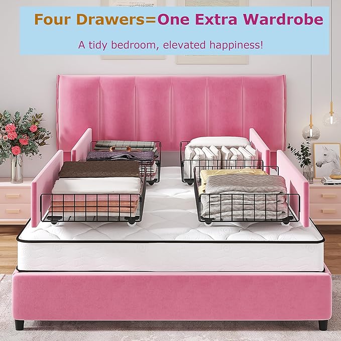 VECELO Queen Size Bed Frame with 4 Storage Drawers, Adjustable Height Headboard, Heavy-Duty Platform Bedframe with Strong Wooden Slats, No Box Spring Needed, Pink