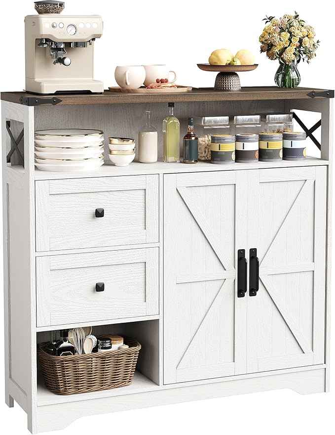 Vabches Farmhouse Buffet Sideboard Cabinet with Drawers and Open Shelf, 38.5" Storage Cabinet with Adjustable Shelves and Door, Modern Coffee Bar Hutch Pantry for Kitchen, Living Room, Entryway, White