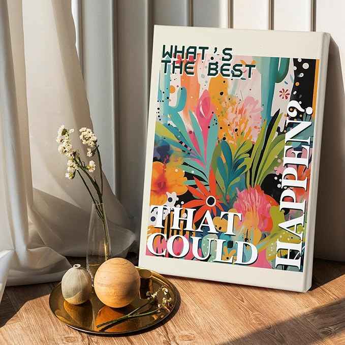 HIWX What's the Best That Could Happen Maximalist Floral Framed Canvas Painting Wall Art Decor, Funky Eclectic Botanical Inspirational Wall Art Home Decoration for Home Bedroom Room, 16x24
