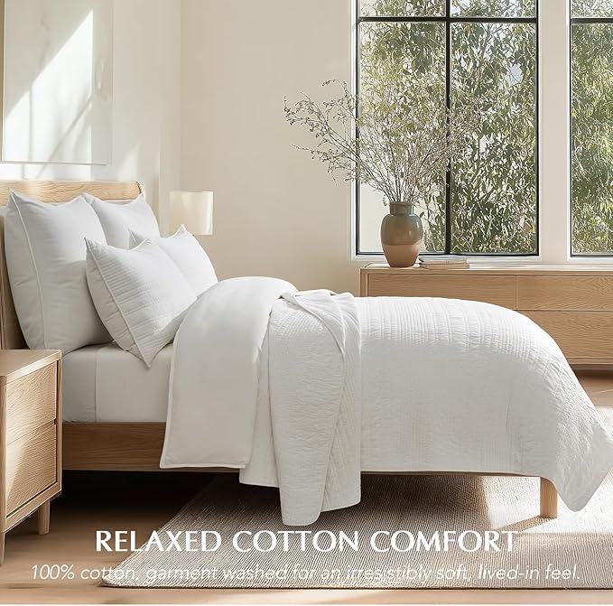 EVERGRACEHOME 100% Cotton Modern Lines Quilt Set King Size, Pre-Washed Soft Striped Coverlet Bedspread, 3 Piece Lightweight Bedding Set for All Season, with 2 Pillow Shams, Bright White