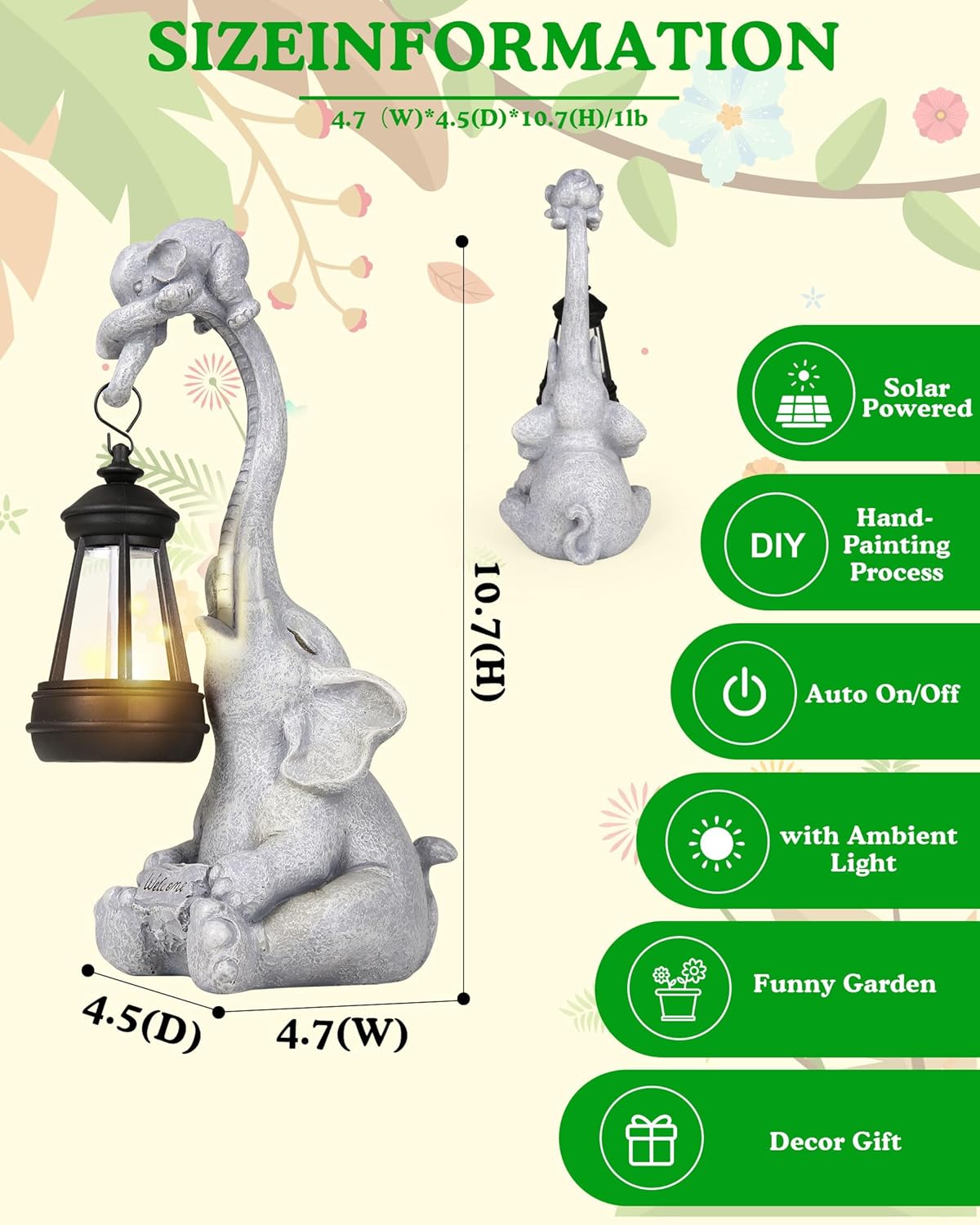 Solar Garden Statues Outdoor Decor- Yard Decorations for Patio, Balcony, Backyard, Lawn Ornaments - Elephants Figurines with LED Light- Unique Birthday House Warming Gifts for Women, Mom, Grandma