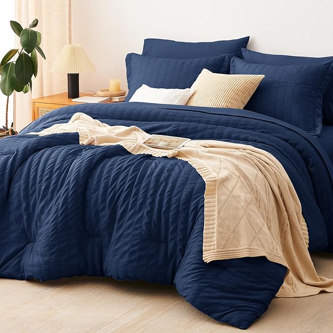 CozyLux Oversized King Comforter Set Navy Blue Seersucker 7 Pieces Bed in a Bag King Comforter Set with Sheets, Luxury Soft Bedding Set with Down Alternative Comforter, Sheets, Pillowcases & Shams