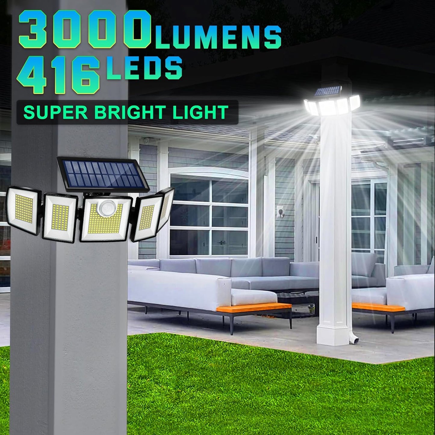 Solar Lights Outdoor Waterproof Motion Sensor - 416 LEDs 3000 Lumens Super Bright 3 Brightness 3 Modes 2400mAh 360° Illumination 32ft Solar Flood Security Light for Outside - 2Pack