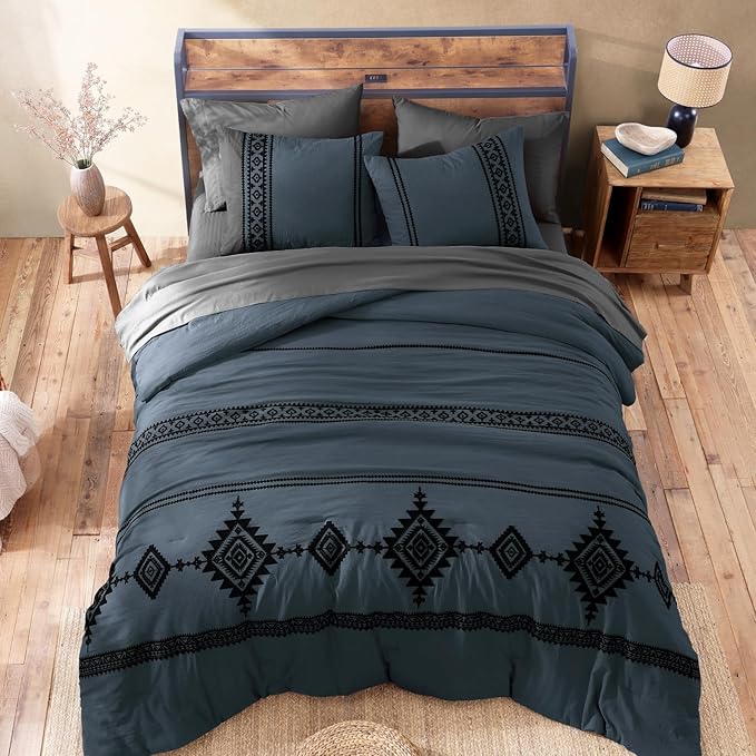 MaiRêve California King Comforter Set Blue Grey, Embroidery Western Bedding Set Boho 7 Pieces, Farmhouse All-Season Bed in A Bag with Sheets, Pillowcases & Shams