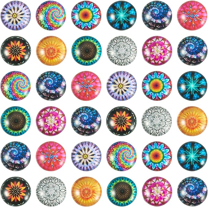 Craftora 100Pcs Flower Printed Glass Cabochons for Jewelry Making, Mixed Color Half Round Cameo Dome Tiles Kaleidoscope Picture Flatback Dome Cabochons for Photo Cameo Pendant Scrapbooking DIY Crafts
