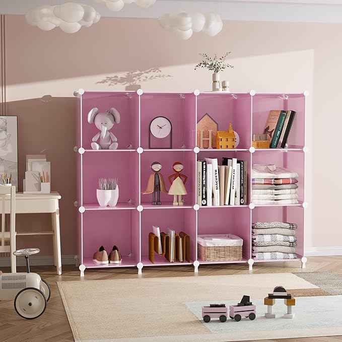 AWTATOS Cube Storage Organizer Protable Closet Organizers and Storage for Kids DIY Stackable 12 Cube Storage Shelves Clothes Organizer for Bedroom, Home, Pink