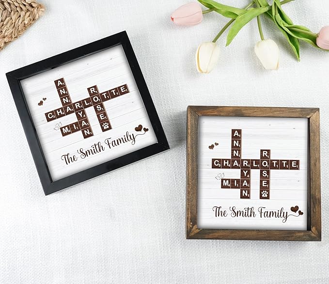 Personalized Family Name Crossword Scrabble Wooden Framed Wall Art Decor Living Room Customized Letters Puzzle for Gift for Lovers, Valentine's Day, Christmas, Birthday, Anniversary