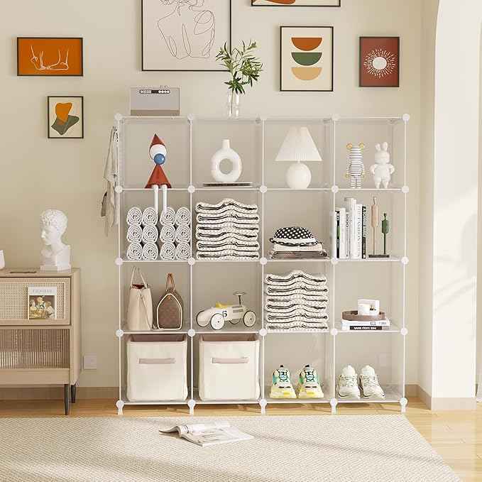 AWTATOS Cube Storage Organizer, 16 Cube Closet Organizers and Storage Shelves, DIY Stackable Bookshelf for Bedroom, Home, Translucent Twill