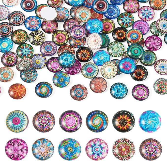 Craftora 100Pcs Flower Printed Glass Cabochons for Jewelry Making, Mixed Color Half Round Cameo Dome Tiles Mosaic Printed Flatback Dome Cabochons for Photo Cameo Pendant Scrapbooking DIY Crafts