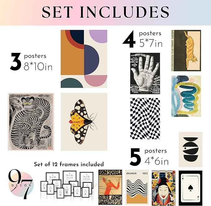 97 Decor Eclectic Wall Art Framed - Modern Maximalist Wall Decor, Unique Colorful Prints For Wall Decorations Aesthetic Pictures, Retro Framed Gallery Wall Art Set Artsy Room Posters For Home Bedroom (BLACK FRAME)