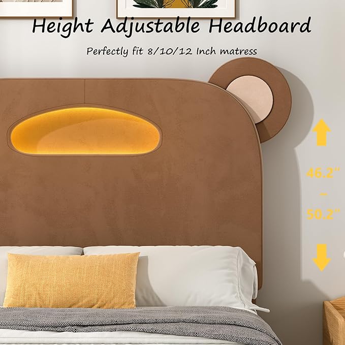 VECELO Twin Size Bed Frame, Bear-Shaped Adjustable Headboard with LED Lights & Storage, Upholstered Platform with Strong Wooden Slats Support, No Box Spring Needed, Brown