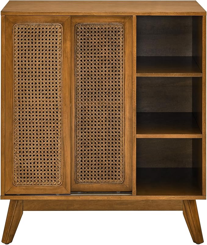 Ball & Cast 32" Mid Century Modern Rattan Sideboard Cabinet with 2 Sliding Doors, Buffet Cabinet w/Adjustable Shelf & Solid Wood Legs for Entryway, Living Room, Kitchen,Dining Room, Light Walnut