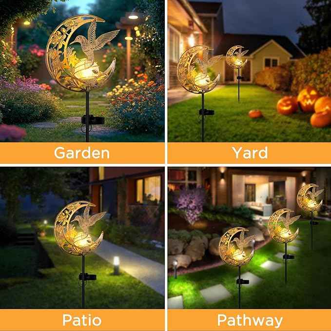 Solar Hummingbird Garden Gifts for mom/Grandma/Women,Lights Outdoor Decor - Moon & Bird SolaGardenLights Waterproof, Auto On/Off Pathway Lighting for Yard/Lawn/Patio,Thanksgiving Day