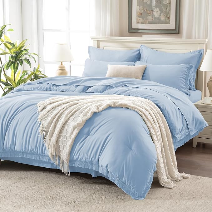 Andency King Size Comforter Set with Sheets Light Blue - 7 Pieces Bed in a Bag Boho Soft Lightweight Bedding Sets, Tassel Bed Set with Comforter, Sheets, Pillowcases & Shams