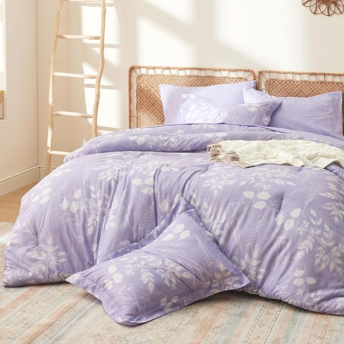 Bedsure Twin Comforter Set - 5 Pieces Floral Lavender Soft Bedding Sets, Twin Bed in a Bag with Botanical Flowers Comforter, Sheets, Pillowcase & Sham