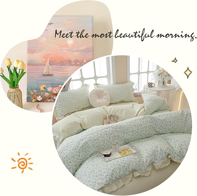 LifeTB Green Floral Comforter Set Twin XL Romantic Ruffled Comforter Blue Flower Bedding Comforter Set Soft Microfiber Floral Bedding Set Lightweight Fluffy Vintage Botanical Comforter for All-Season