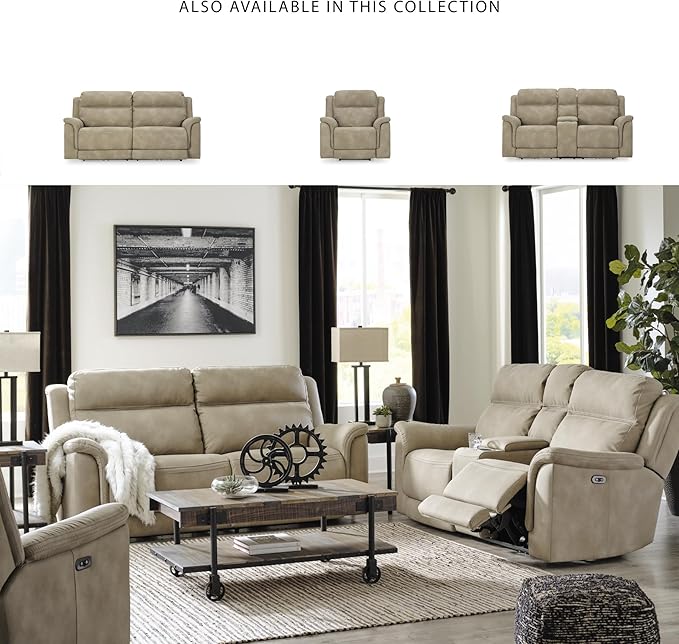 Signature Design by Ashley Next-Gen DuraPella Power Recliner with Adjustable Headrest, Extended Ottoman, USB Charging, Water Repellent Faux Leather, Beige