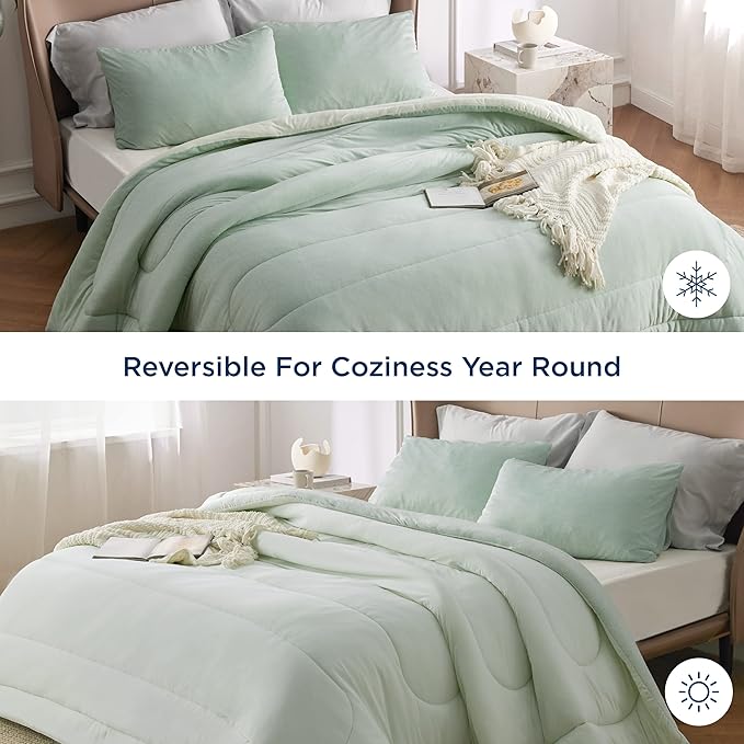 Bedsure Queen Comforter Set - Cooling and Warm Bed Set, Sage Green Reversible Bedding for All Season, 3 Pieces, 1 Queen Size Comforter (88"x88") and 2 Pillow Cases(20"x26")