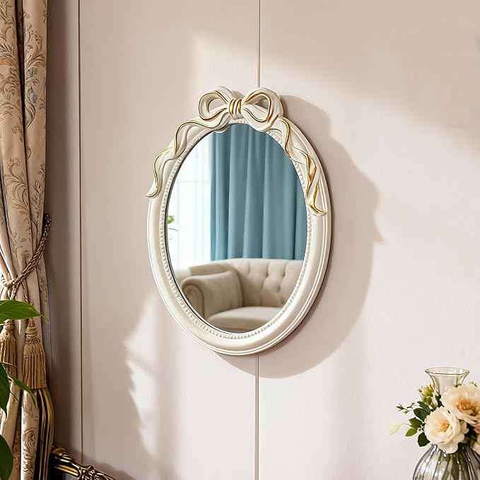 Vintage Vanity Desk Mirror -13x10Inch Wall-Mounted & Tabletop Decorative Ornate Gold Accent Retro Makeup Mirror for Bedroom Dresser Bathroom Living Room Oval
