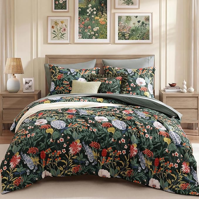 CASAAGUSTO King Size Comforter Set-7 Pieces Green Botanical Floral Bedding, Flowers Printed Design King Bed in a Bag with Botanical Flowers Comforter, Sheets, Pillowcases & Shams