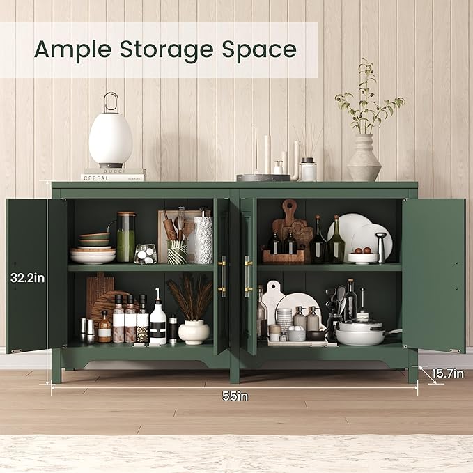 55" Buffet Cabinet with Storage, Modern Fluted Door Design Sideboard Buffet Cabinet with Adjustable Shelf, Coffee Bar Station for Kitchen, Dining Room, Green
