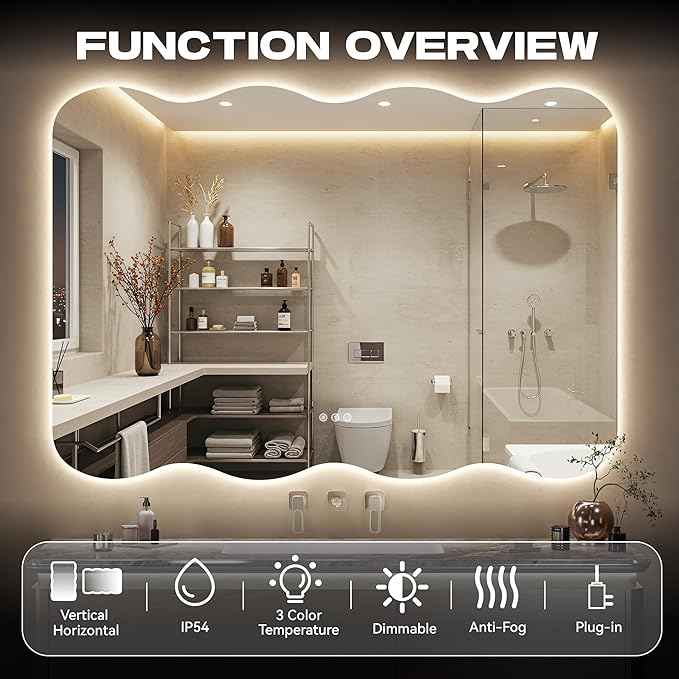 Hasipu Wavy Full Length Mirror with Lights - 28"×20" LED Wavy Floor Mirror, Frameless, Dimmable, Standing or Vertical/Horizontal Wall-Mounted Mirror for Bedroom, Living Room, Cloakroom