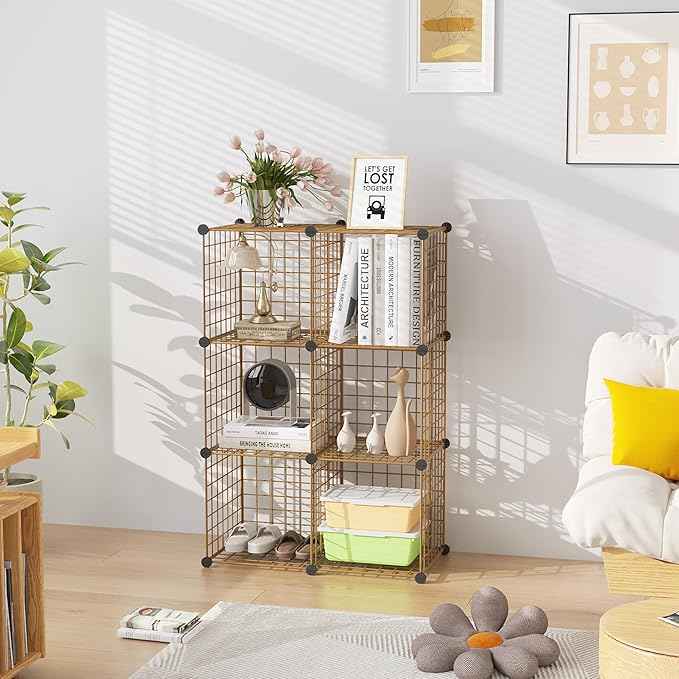 C&AHOME Wire Cube Storage, 6 - Cube Organizer Metal C Grids, Modular Shelves Units, Closet Organizer, Ideal for Home, Office, Living Room, 36.6”L x 12.4”W 36.6”H, Brown UWCS3006R