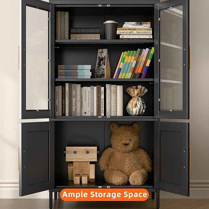 Metal Arched Bookcase Cabinet with 4 Doors,Arched Kitchen Pantry Cabinet for Home Office Living Room,Required Assembly,Black
