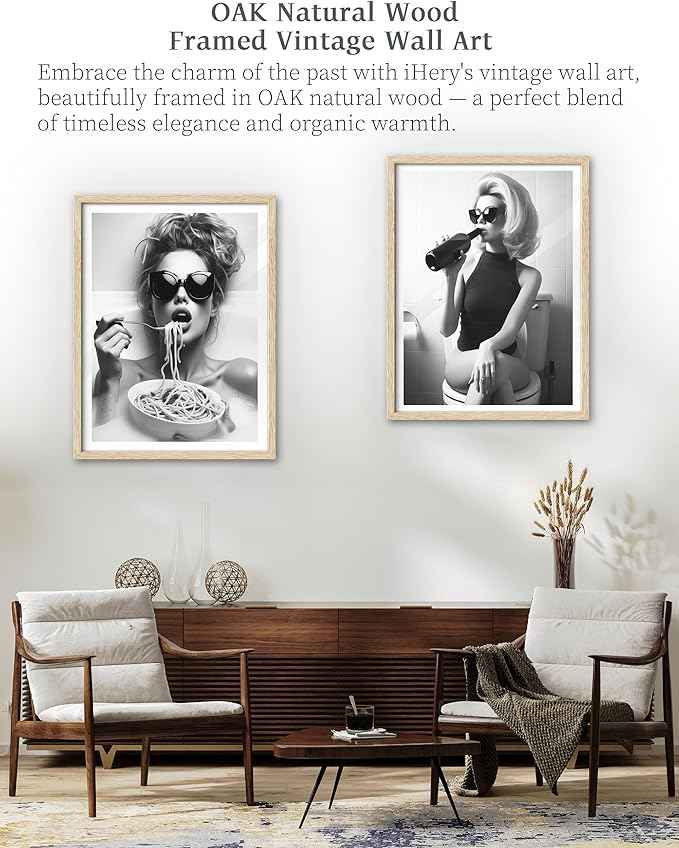 iHery Natural Wood Framed Woman On Toilet Drinking Wine Wall Art, 12x16in OAK Frame Black and White Funny Print, Alcohol Bathroom Poster, Retro Fashion Wall Decor Set of 1