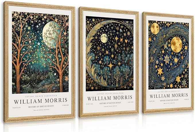Hianan William Morris Canvas Wall Art, Vintage Gold Moon Stars Poster Prints, Many Dreamlike Stars Wall Decor, Retro Botanical Aesthetic Picture for Bedroom Living Room Office Wood Framed 16"x24"x3