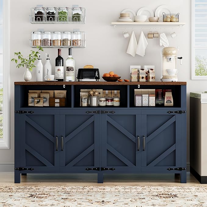 Buffet Sideboard with Storage Farmhouse with 4 Doors, 55'' Large Kitchen Storage Cabinet Wood Coffee Bar Buffet Table for Kitchen, Dining Room (Blue, 55 in)