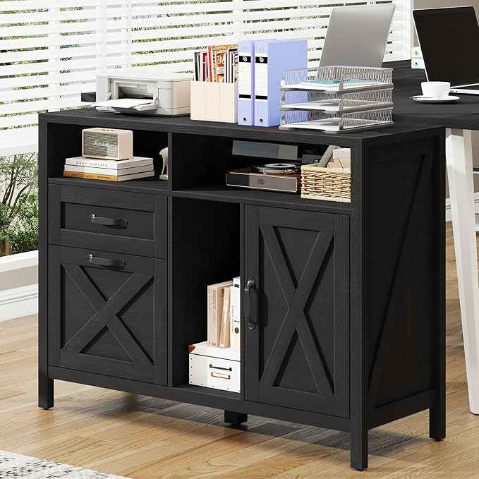 Vabches Lateral File Cabinet, Farmhouse 2 Drawer File Cabinet with Open Storage Shelf for Letter/A4 Size Hanging Files, Large Wood File Storage Cabinets Printer Stand for Home Office, Black