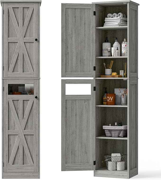 Vabches Tall Bathroom Cabinet, Slim Bathroom Storage Cabinet with Adjustable Shelves and 2 Doors, Narrow Floor Storage Cabinet for Bathrooms, Kitchen, Living Room, Rustic Grey