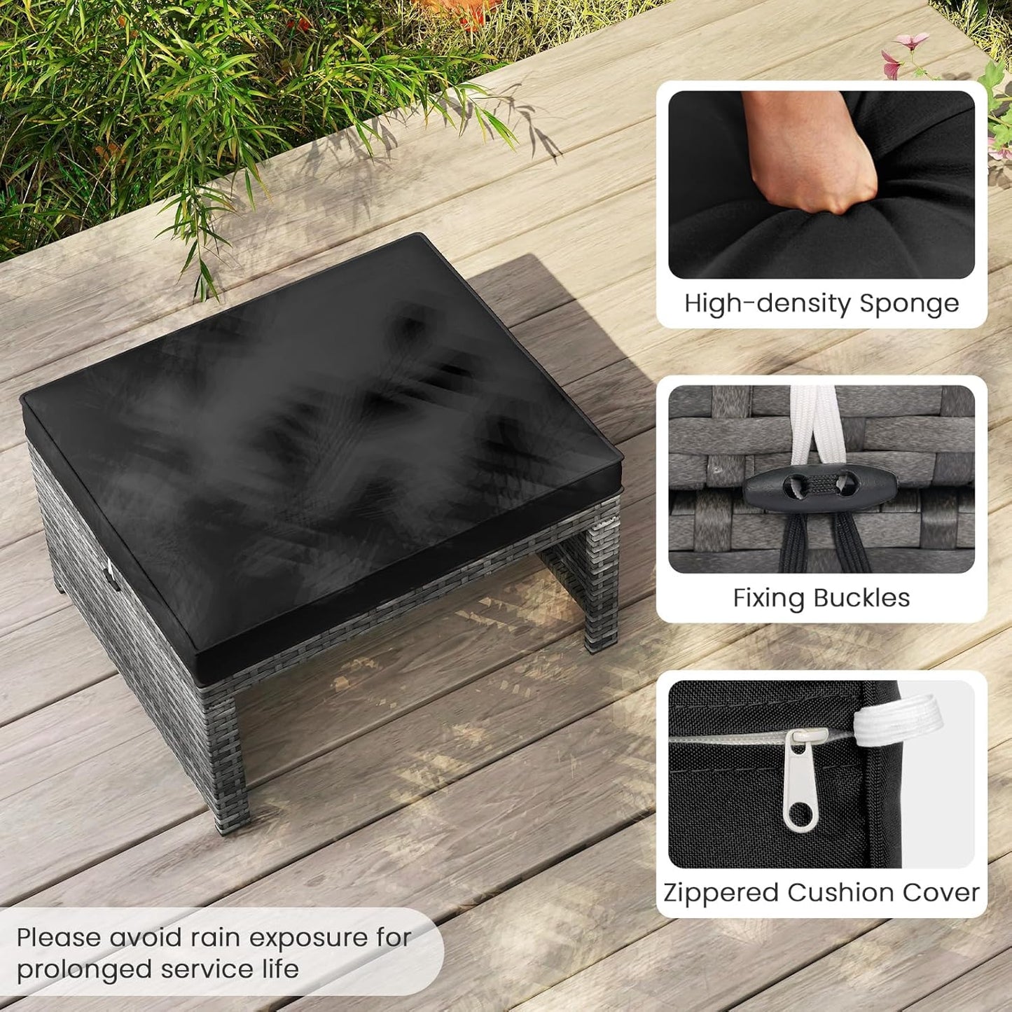 Tangkula 2 Pieces Patio PE Rattan Ottomans, Multipurpose Outdoor Footstool Footrest Additional Seating Side Table with Soft Zippered Cushions for Deck, Garden, and Yard (Black)