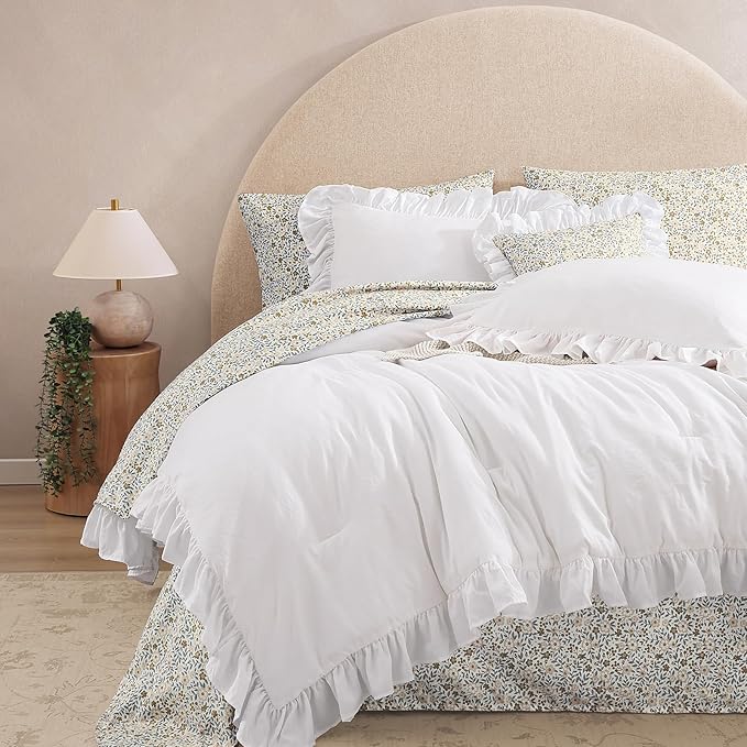 Full Comforter Set - 7 Pieces Ruffle White Bedding Sets, Shabby Chic Farmhouse Bed in a Bag Full with Ruffle Comforter, Floral Sheets, Pillowcases & Shams
