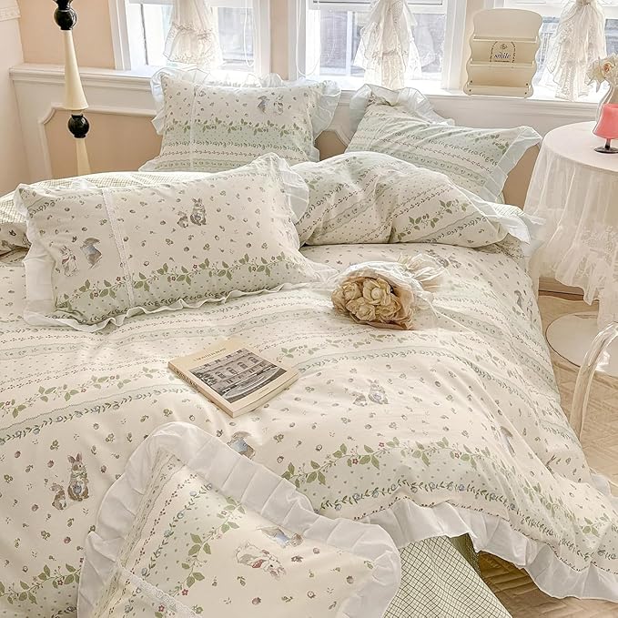 LifeTB Botanical Floral Comforter Set Full Size Cute Flower Leaves Rabbit Pattern Comforter Reversible Green Plaid Comforter Girls Princess Bedding Set Lace Ruffle Comforter Set for Kids Teen Girls