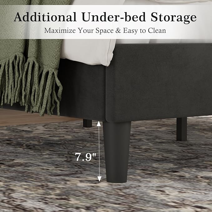 VECELO Full Bed Frame with Upholstered Headboard, Heavy-Duty Platform Bedframe with Strong Wooden Slats Support, No Boxing Spring Needed, Velvet & Black